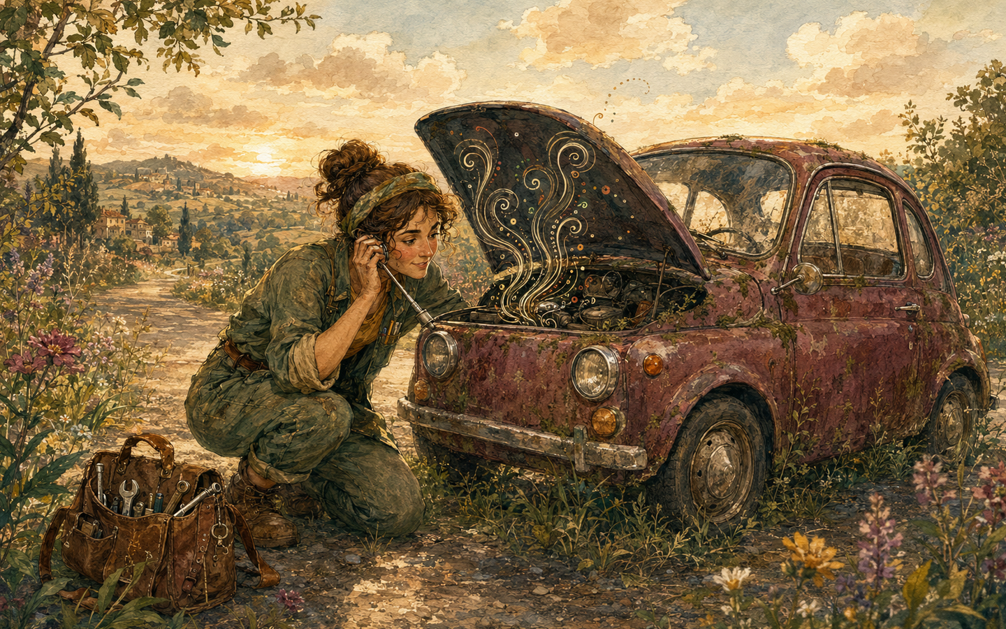 Watercolor mechanic listening closely to the engine of a quirky old car