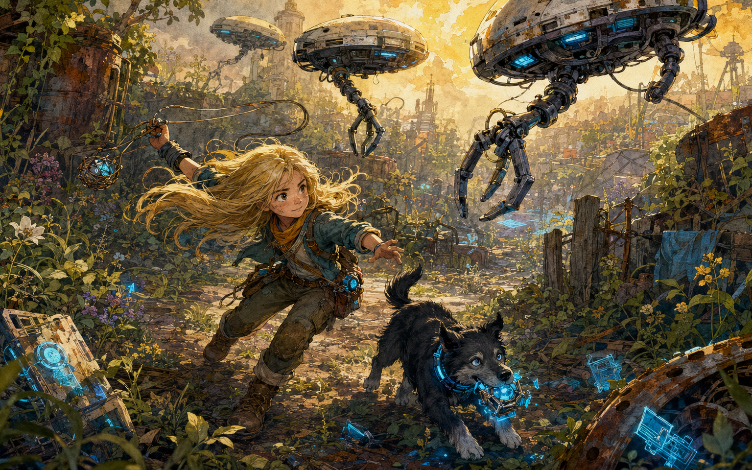 Avery and Cooper outsmarting claw-equipped drones in an overgrown scrapyard