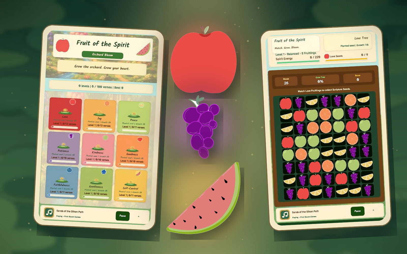 Current Fruit of the Spirit orchard and match-3 gameplay featuring the updated hand-drawn fruit art