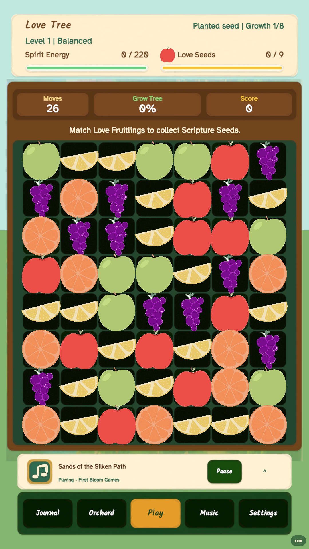 Match large hand-drawn fruit to fill Spirit Energy and collect Scripture Seeds for the Love Tree.
