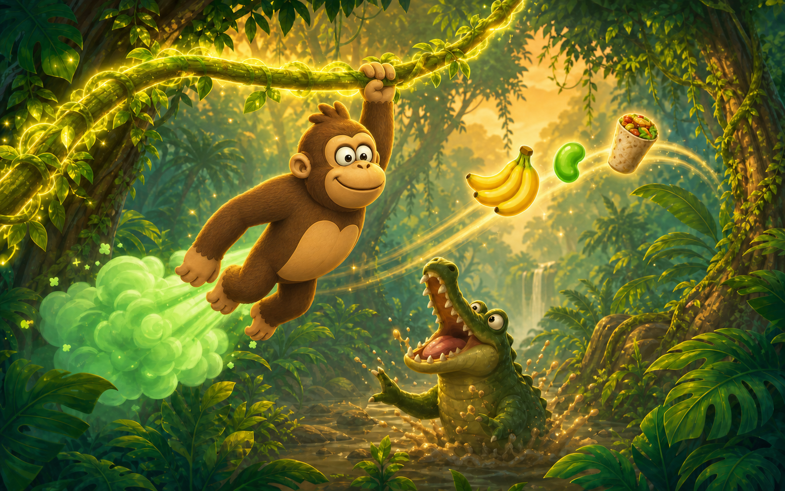 The current warm brown Gassy Gorilla hero swinging naturally from a glowing vine above a crocodile