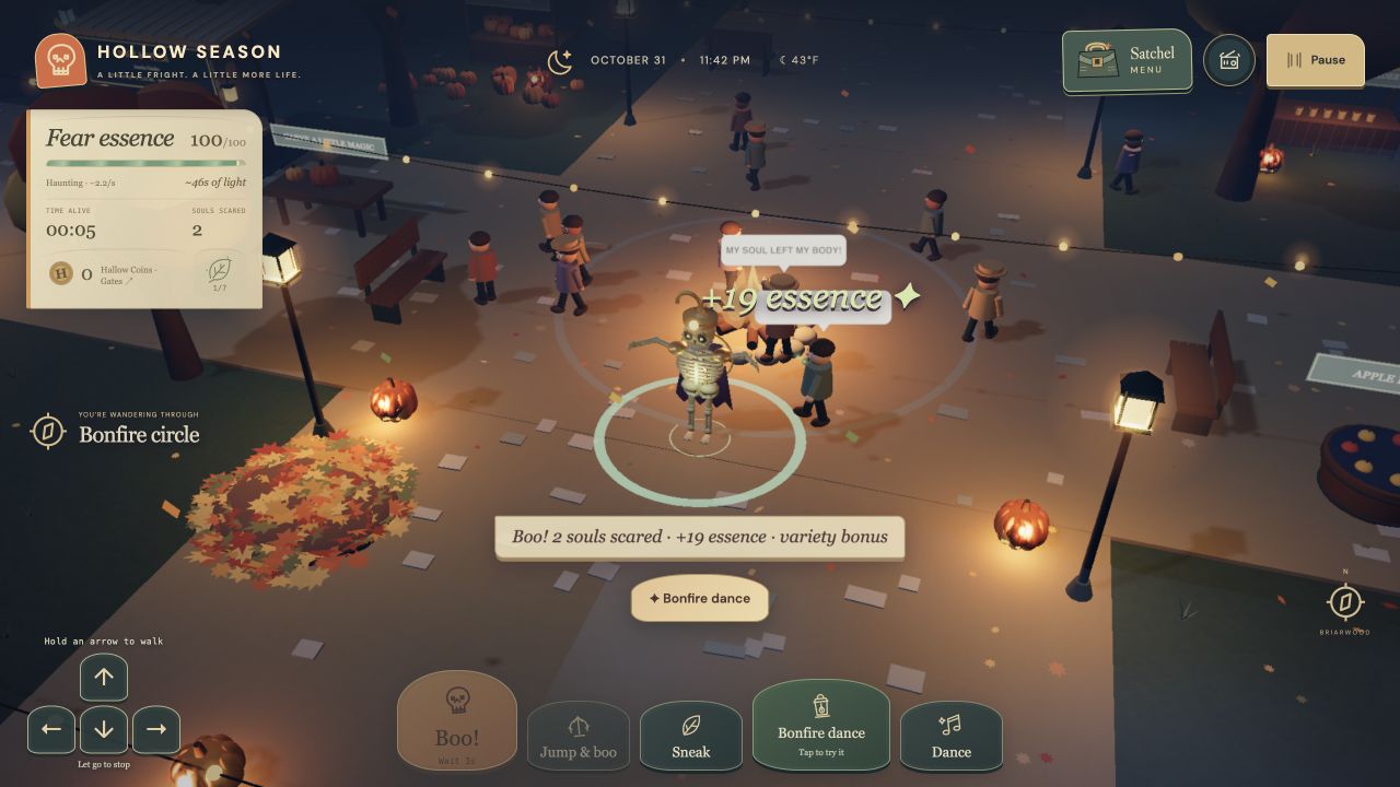 Hollow Season’s articulated skeleton scares villagers beside a glowing bonfire, with compact illustrated controls