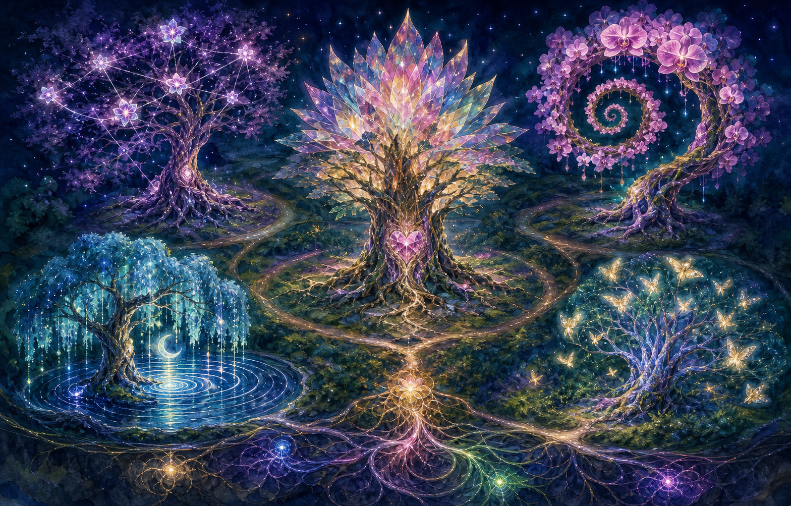 Five luminous game trees rooted into one radiant nocturnal Mastery Grove