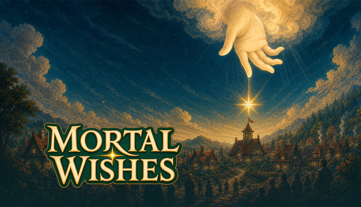 The Mortal Wishes title beneath a divine hand and guiding star over the town of Hearthvale