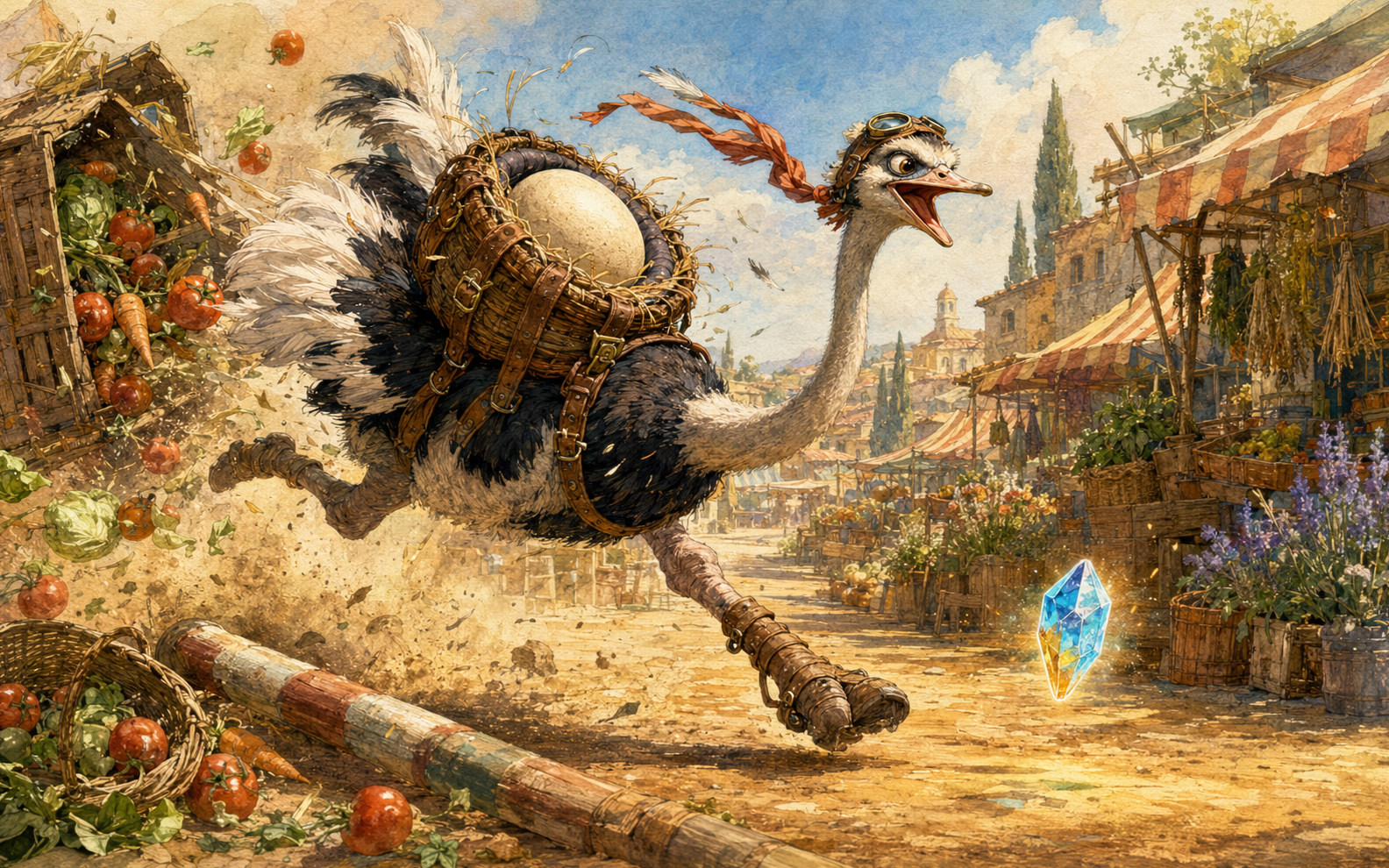 A determined ostrich sprinting through a chaotic market while carrying a precious egg
