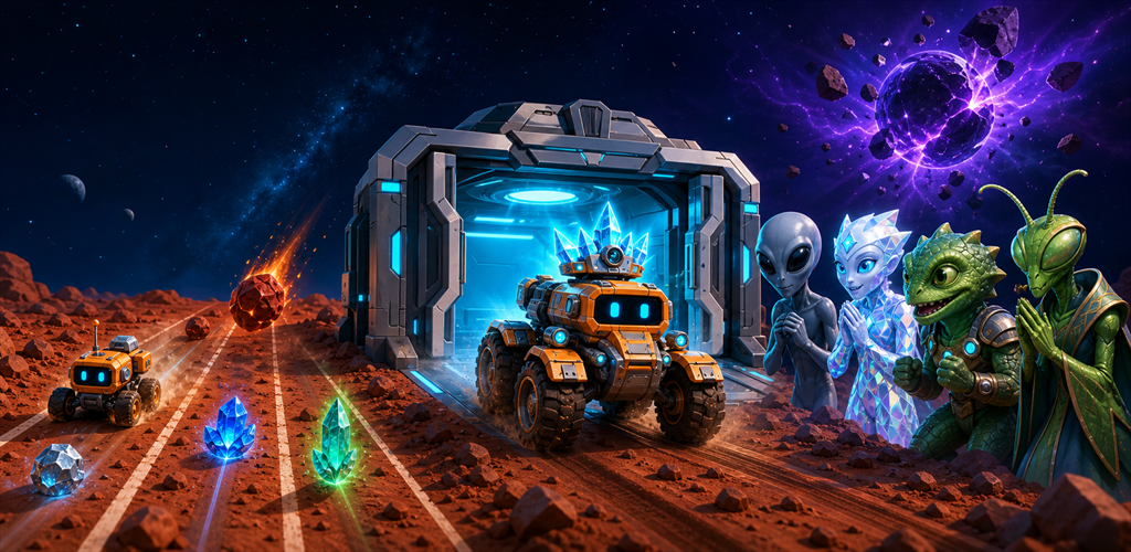 A growing Mars rover racing past crystals while an alien audience watches