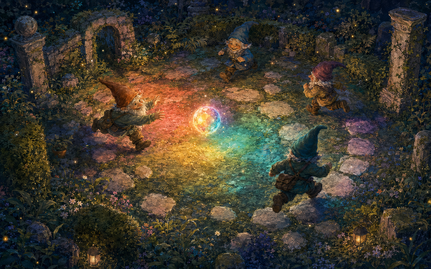 Watercolor gnomes racing toward a glowing color-changing orb in a moonlit garden